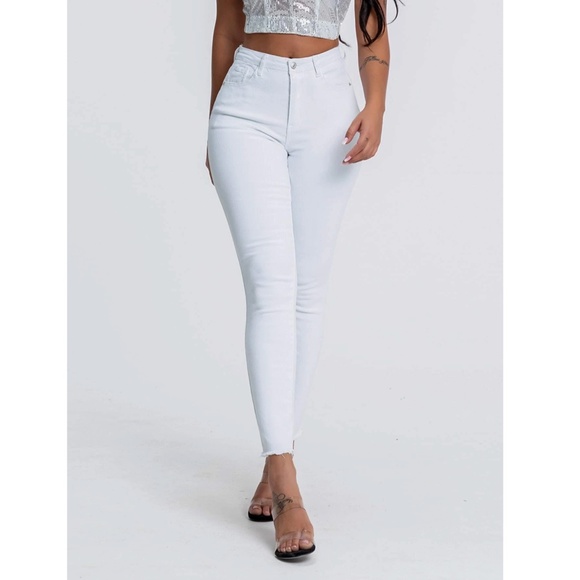 High Stretch White Skinny Jeans Raw Hem Zipper Fly  Buttons Pockets - Picture 5 of 7